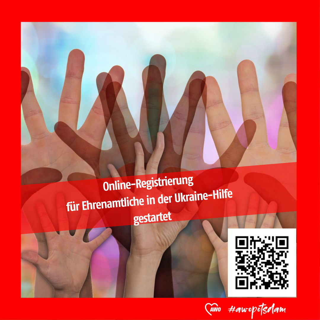 Foto von vielen Händen mit der Aufschrift: Online-Registrierung für Ehrenamtliche gestartet