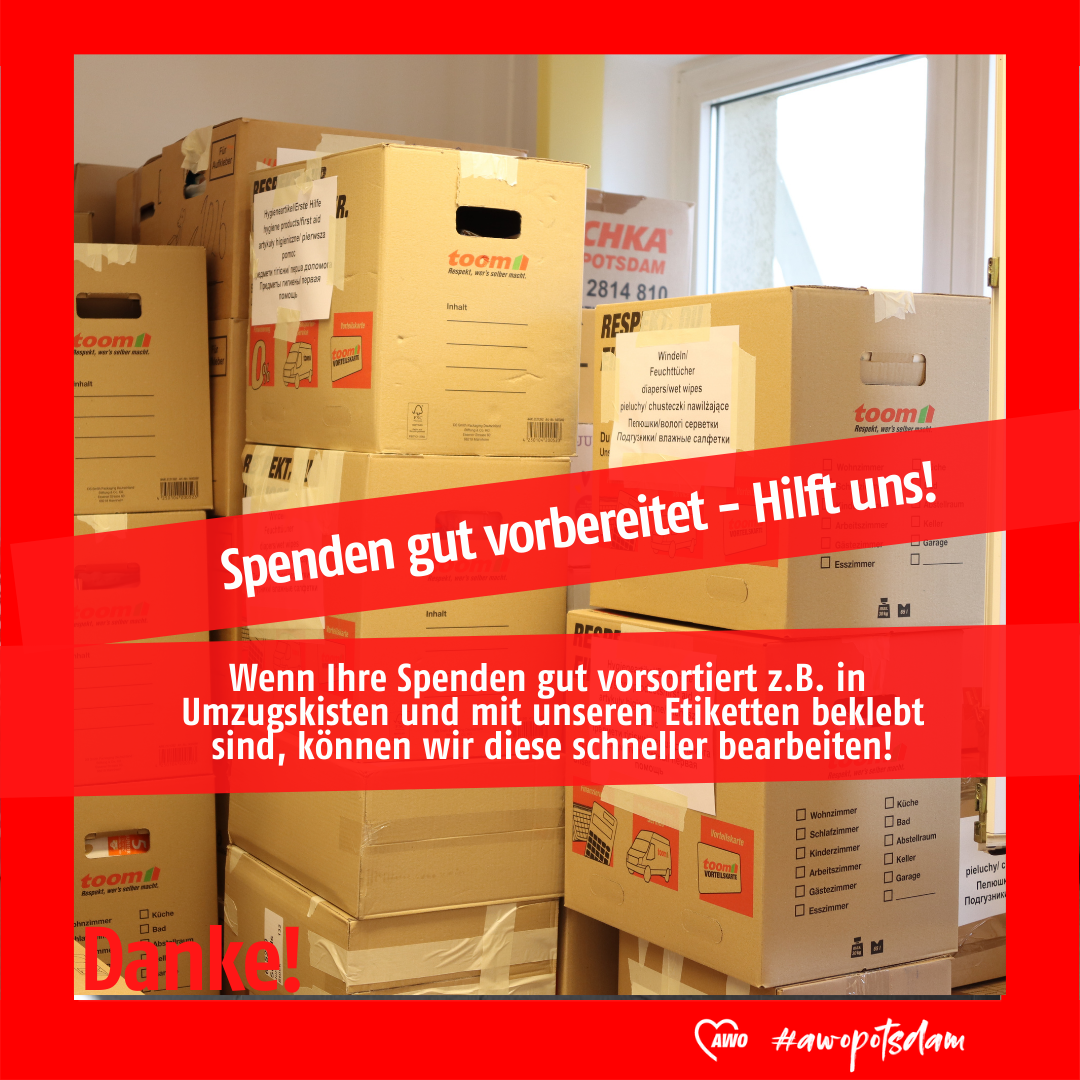 Foto von Spendenkartons und der Aufschrift: Spenden gut vorbereiten - Hilft uns!