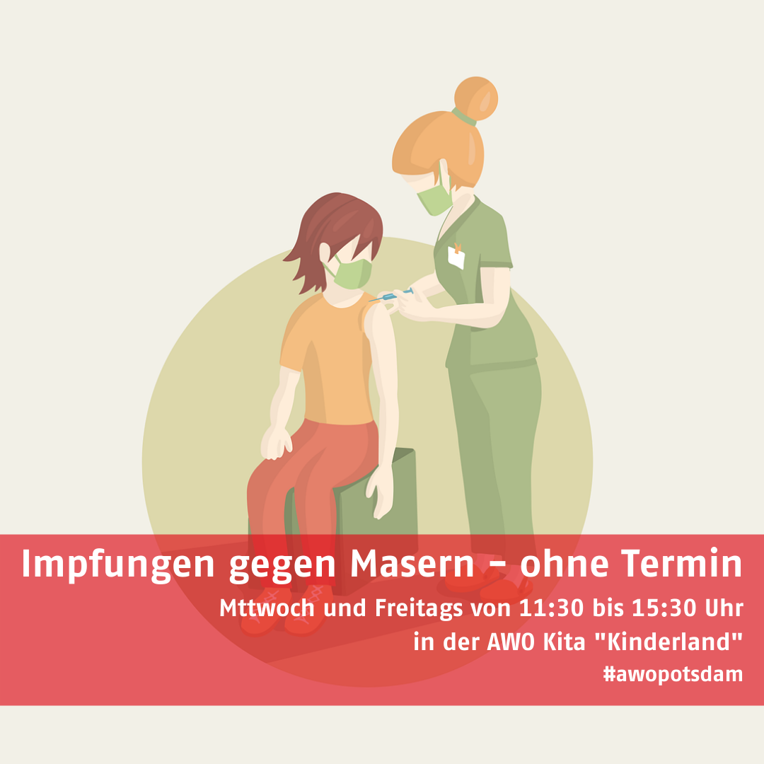 Zeichnung von zwei Menschen mit der Aufschrift: Impfung gegen Masern - ohne Termin